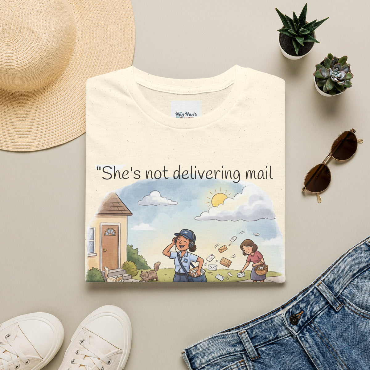 T‑Shirt – "She’s not delivering mail, she’s delivering a little wind" Cute Postal Worker Illustration Tee