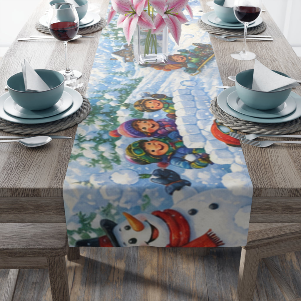 Snowball Fight Snowman Scene Table Runner | Cotton Poly