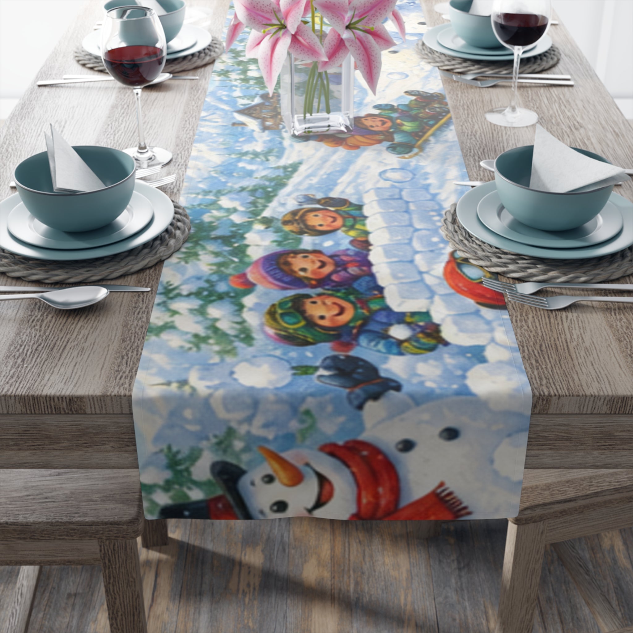 Snowball Fight Snowman Scene Table Runner | Cotton Poly