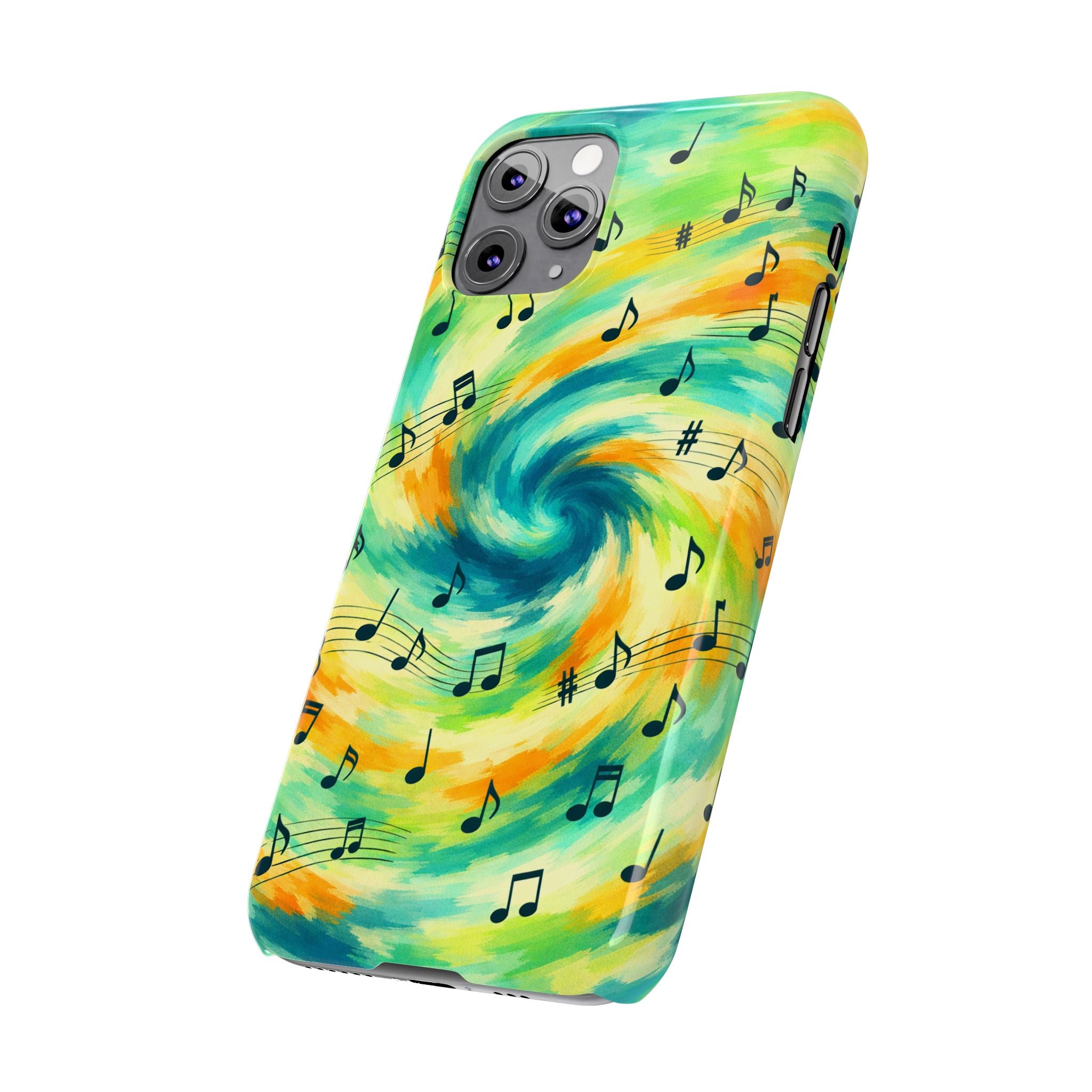 Music Notes Swirl Slim Phone Case | Colorful Turquoise Yellow Galaxy