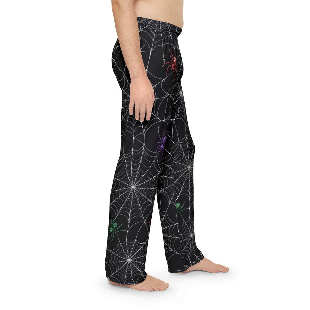 Spiderweb Pajama Pants — Men’s Halloween Lounge Pants with Colorful Spiders