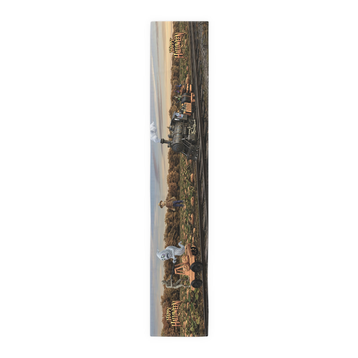 Halloween Train & Handcar Table Runner | Moonlit Witch, Pumpkins & Autumn Trees