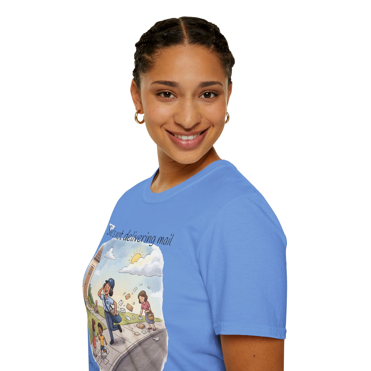 T‑Shirt – "She’s not delivering mail, she’s delivering a little wind" Cute Postal Worker Illustration Tee