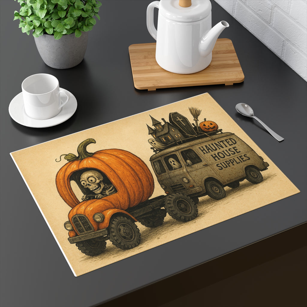 Halloween Placemat — Pumpkin Truck & 'Haunted House Supplies' Skeleton Design