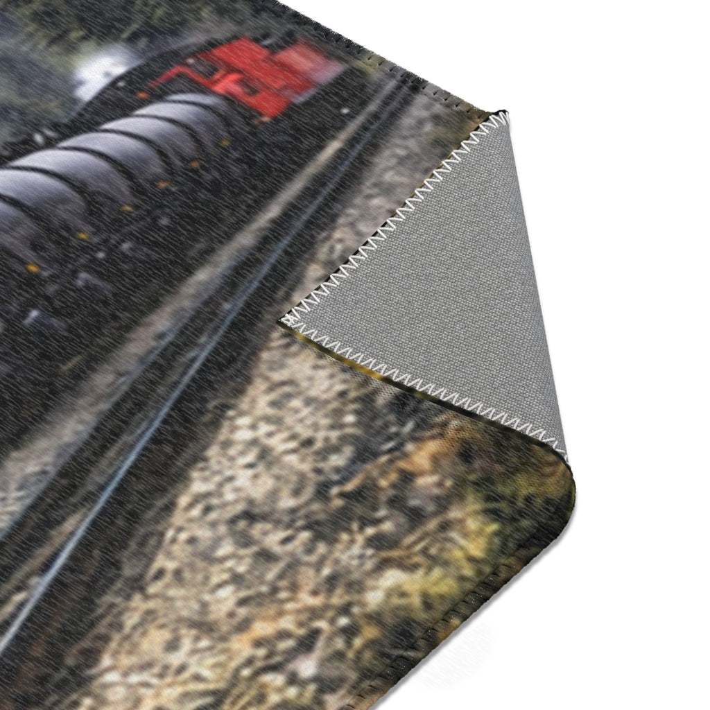 Vintage Steam Locomotive Area Rug | Train Engine Mountain Scene
