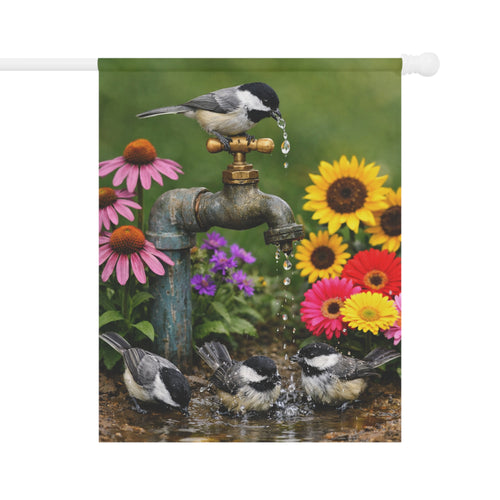 Chickadee Birds on Faucet Garden Flag