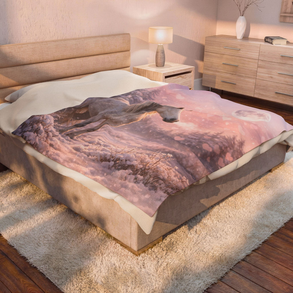 White Horse in Pink Winter Moonlight Blanket | Magical Snowy Forest