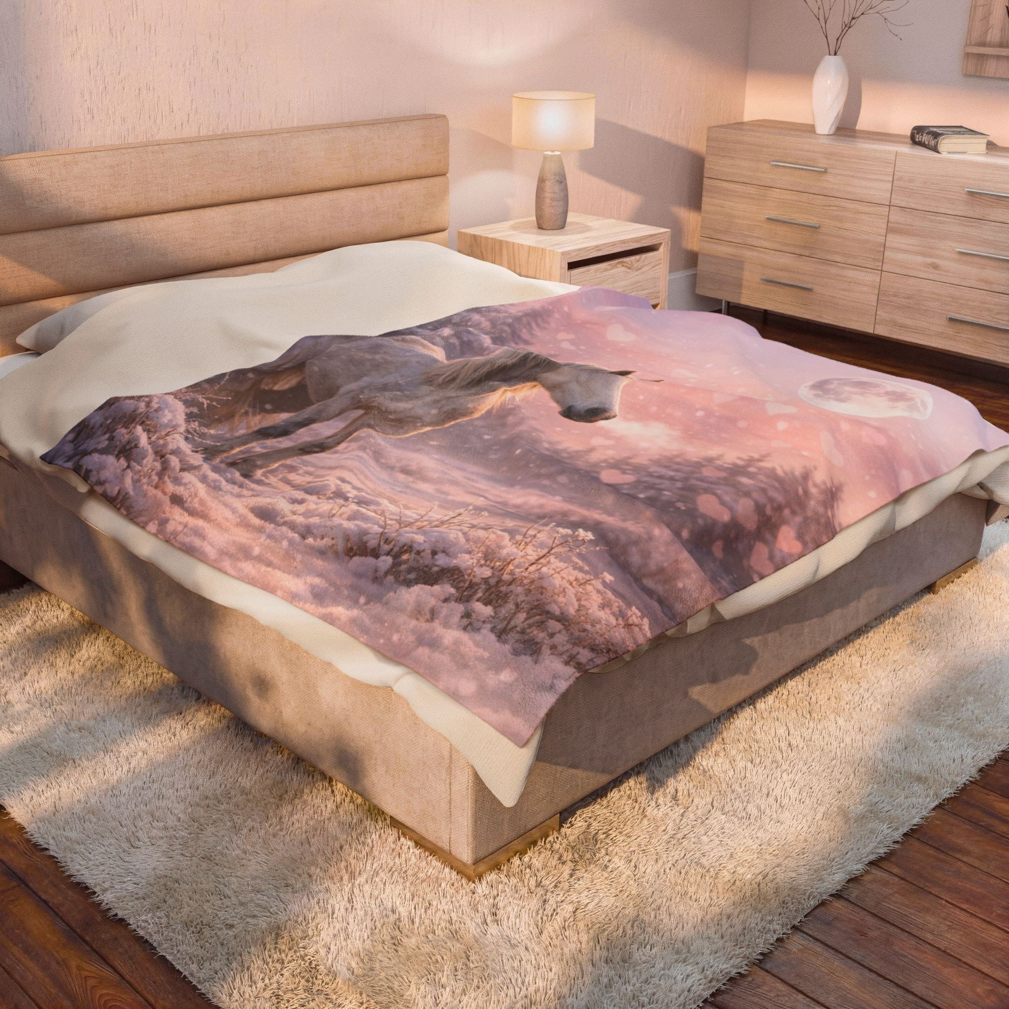White Horse in Pink Winter Moonlight Blanket | Magical Snowy Forest