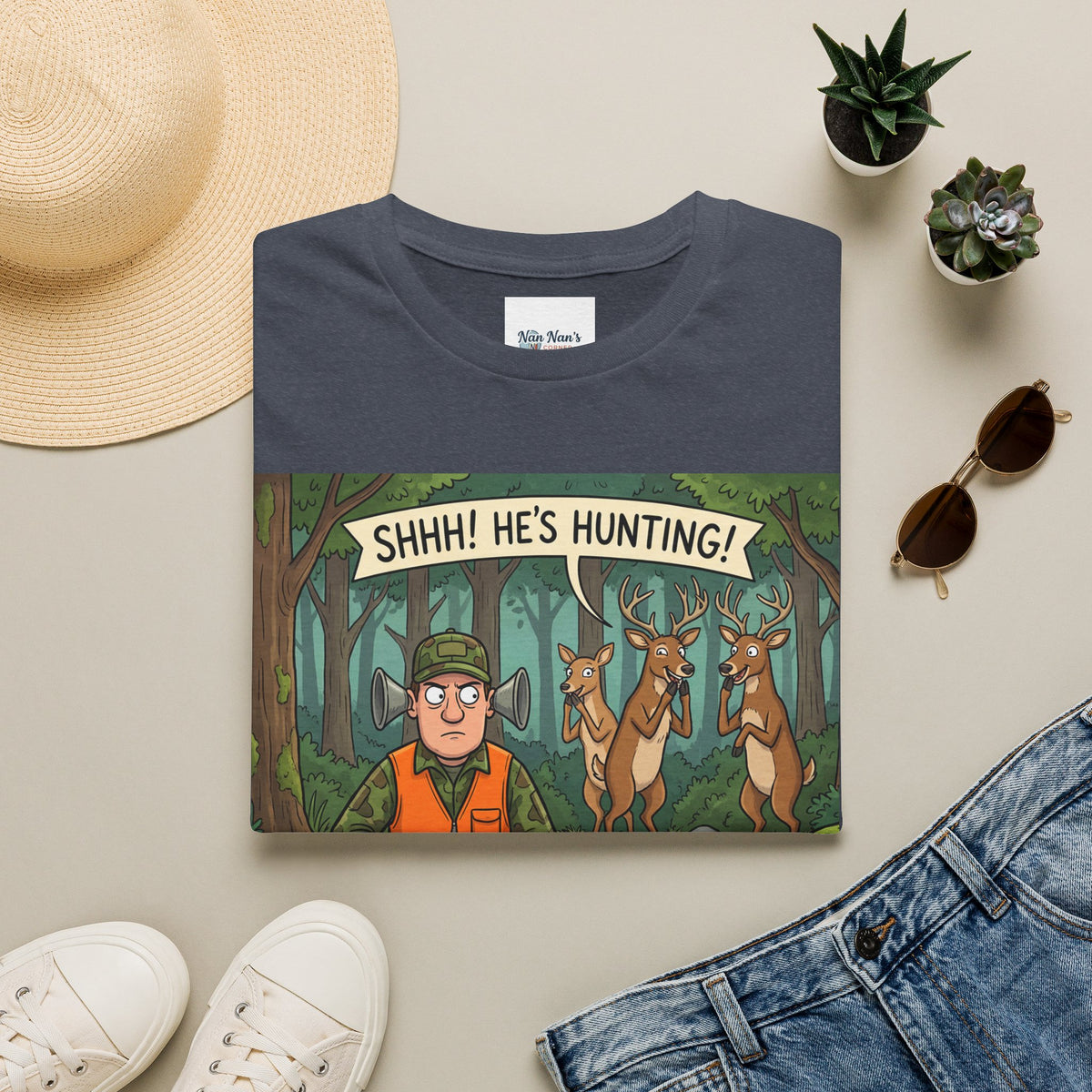 Shhh He's Hunting Unisex Graphic T-Shirt – Novelty Hunter Cotton Tee