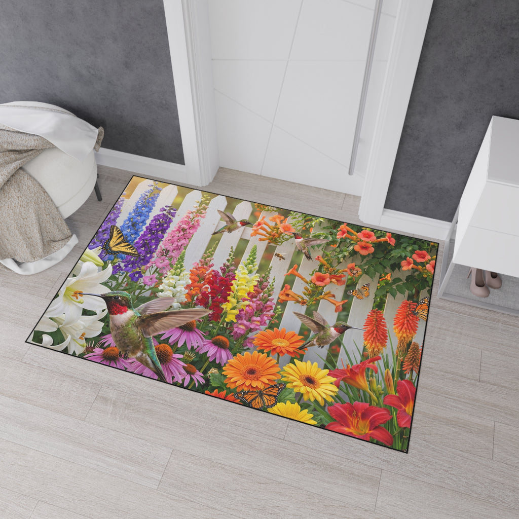 Hummingbirds and Wildflowers Floor Mat | Garden Fence Floral Doormat