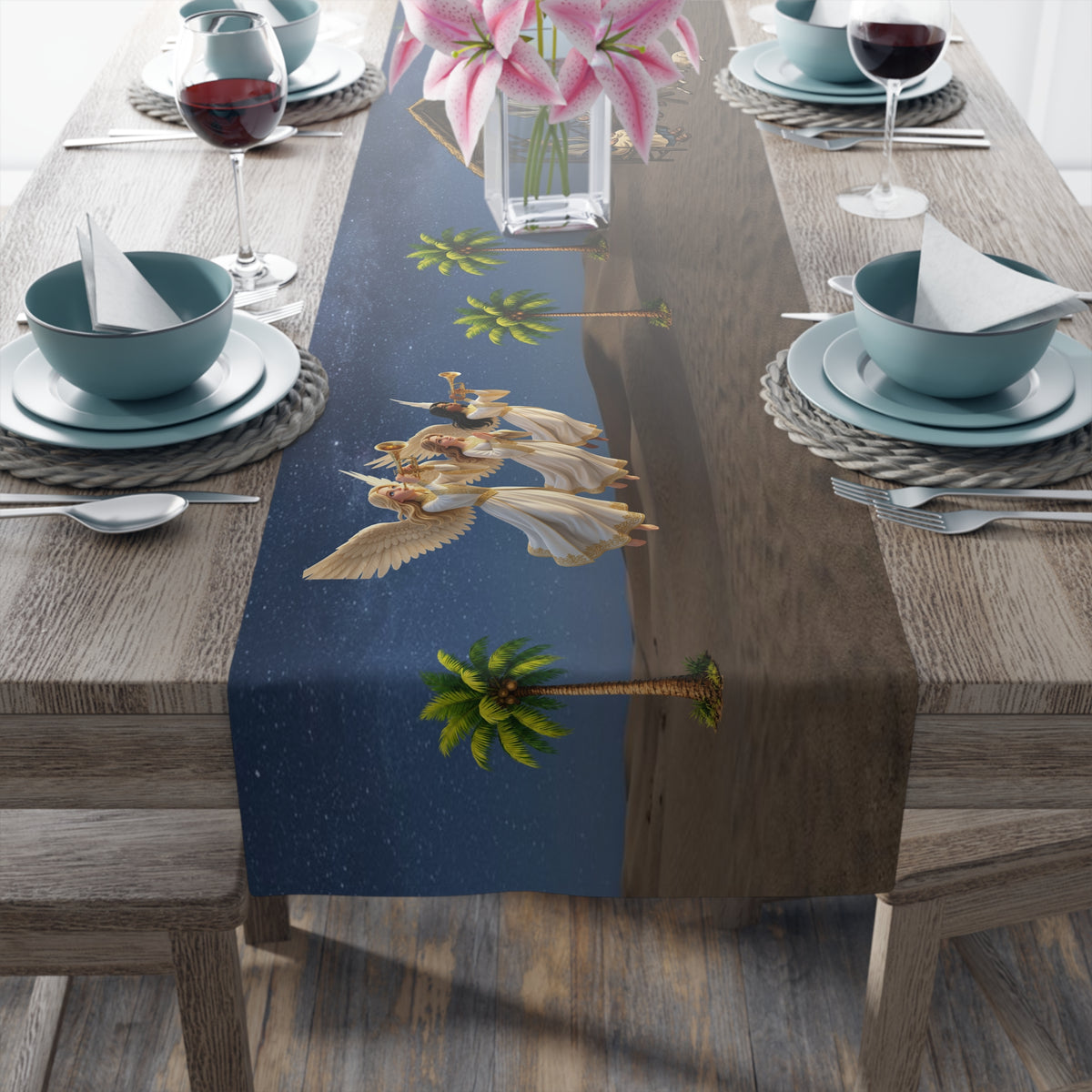 Nativity Scene Table Runner | Christmas Holy Family with Angels & Palm Trees
