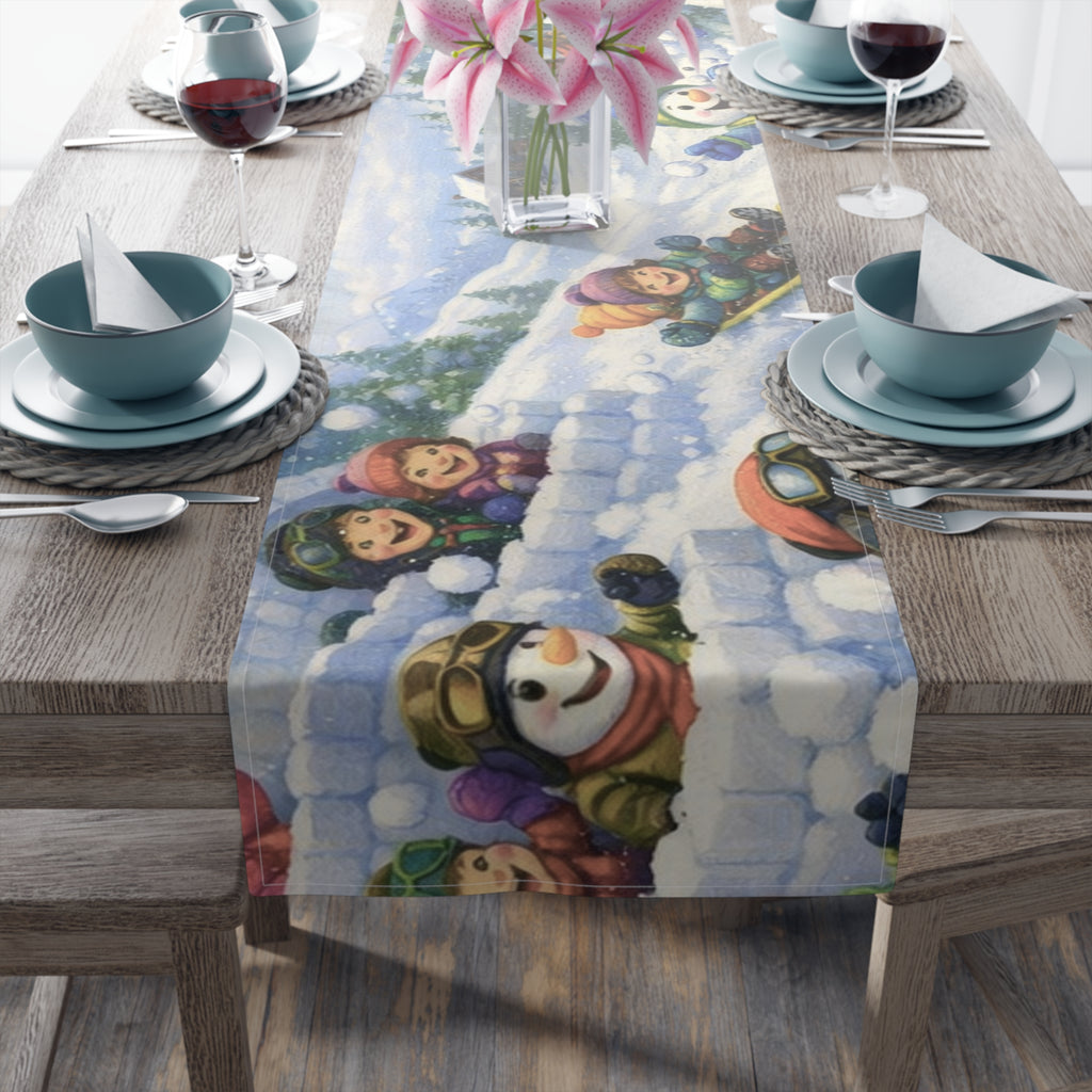 Snowman Winter Scene Table Runner | Holiday Snowball Fight