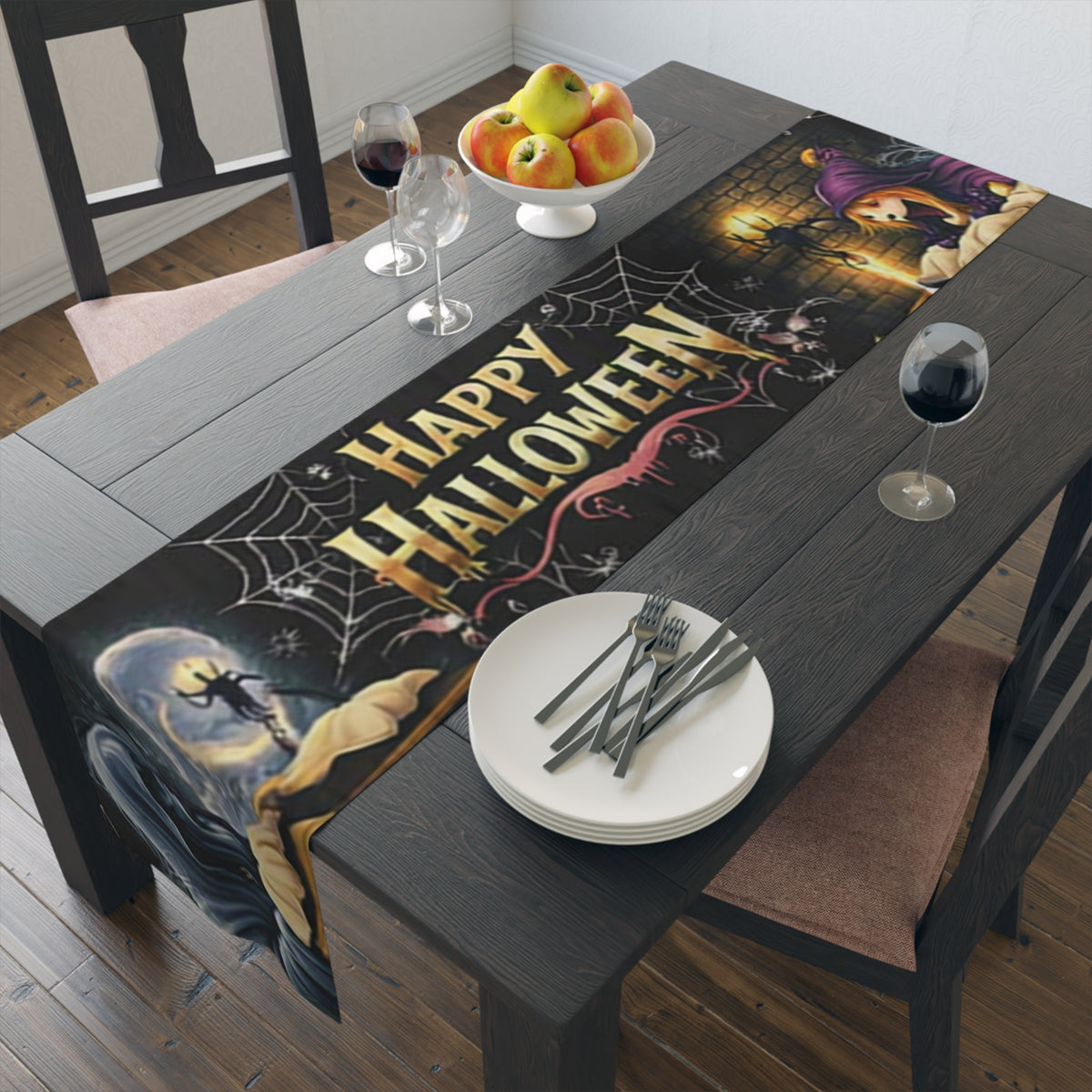 Happy Halloween Table Runner | Glowing Moon, Bats & Spiderwebs – Seasonal Table Decor