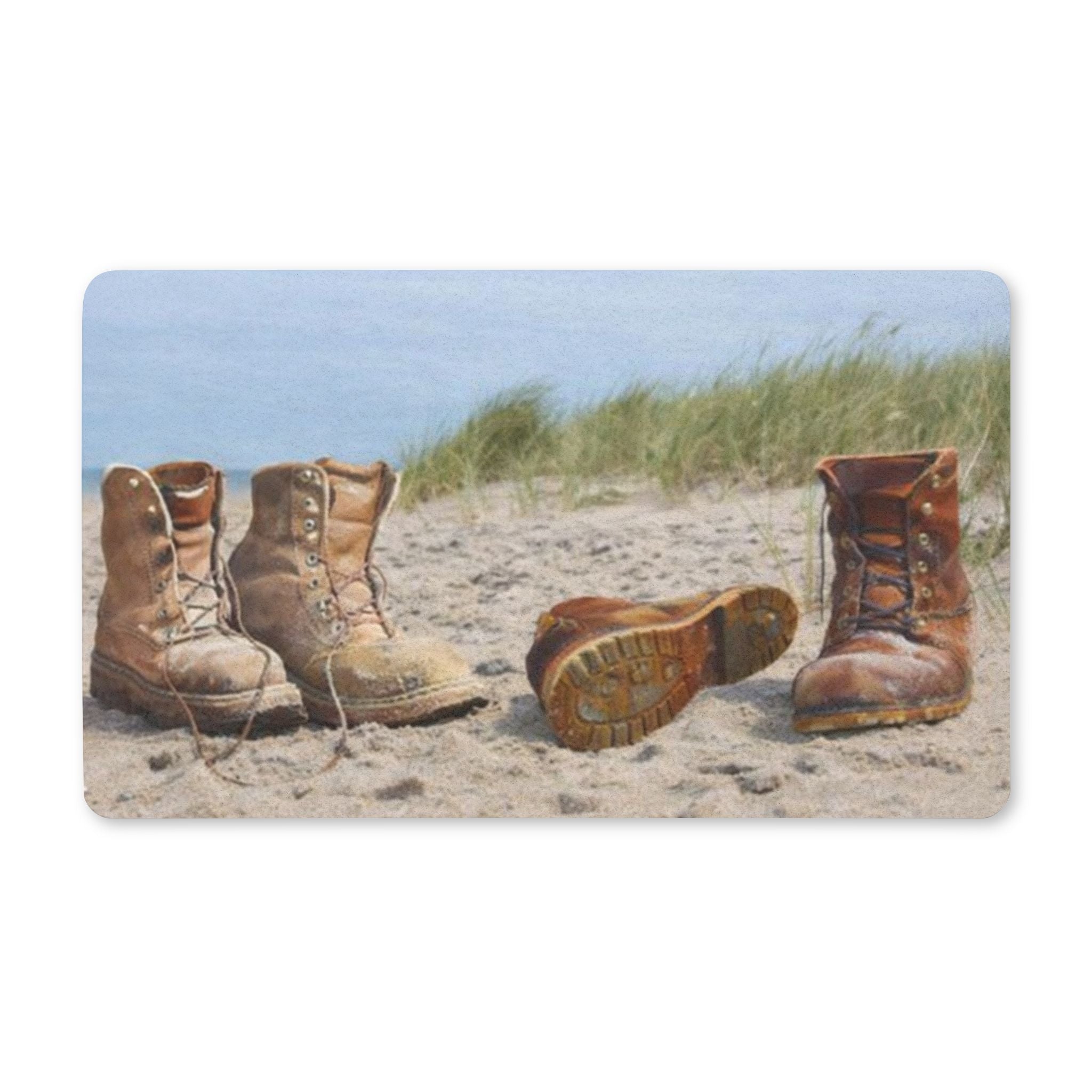 Worn Boots on Beach doormat | Coastal Sand, Rustic Work Boots, Outdoor Welcome