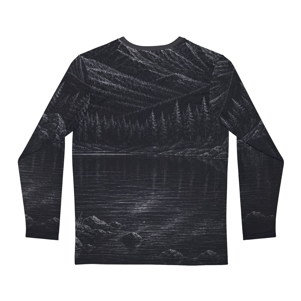 Mountain Lake Deer Illustration Long Sleeve Shirt | Night Wilderness Scene