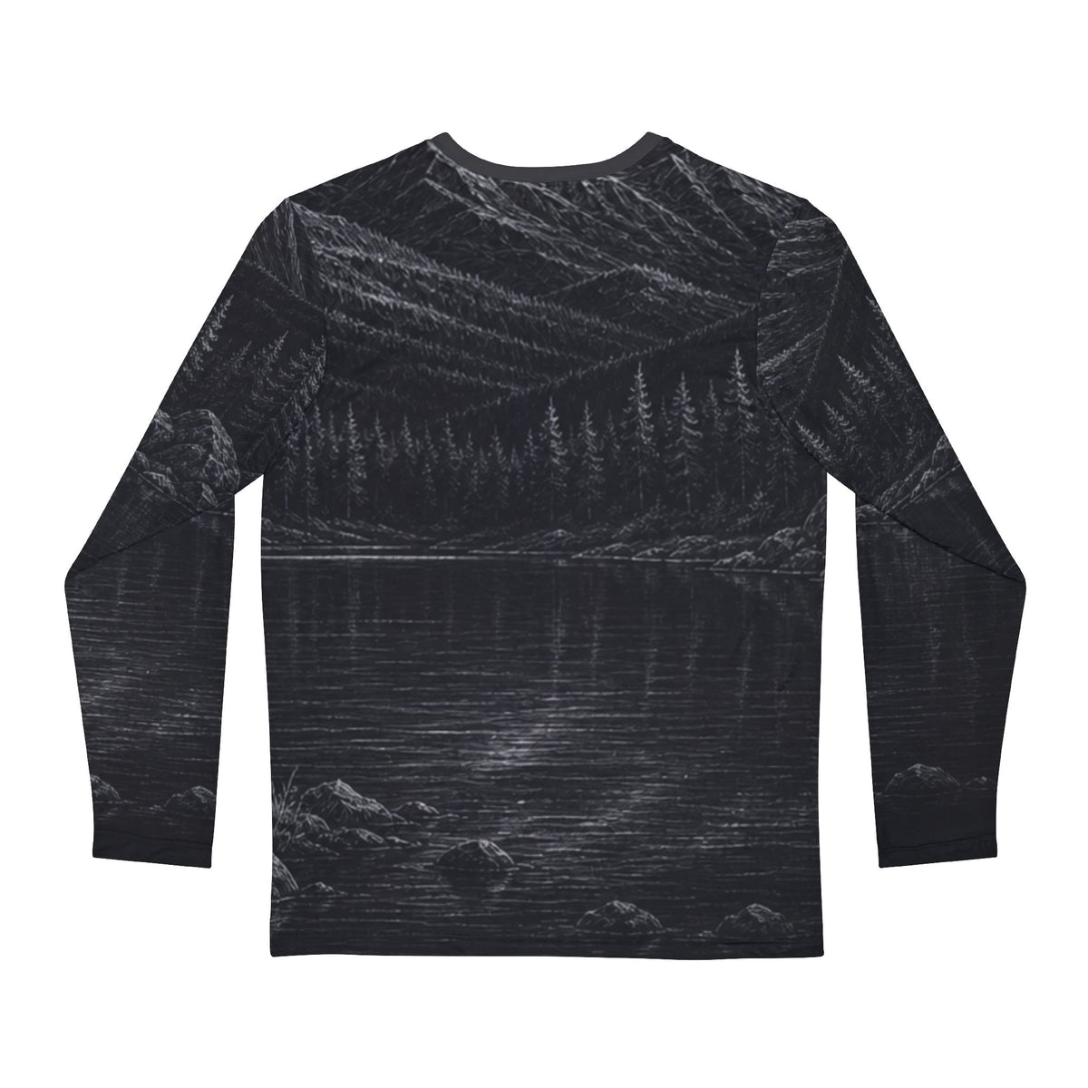 Mountain Lake Deer Illustration Long Sleeve Shirt | Night Wilderness Scene