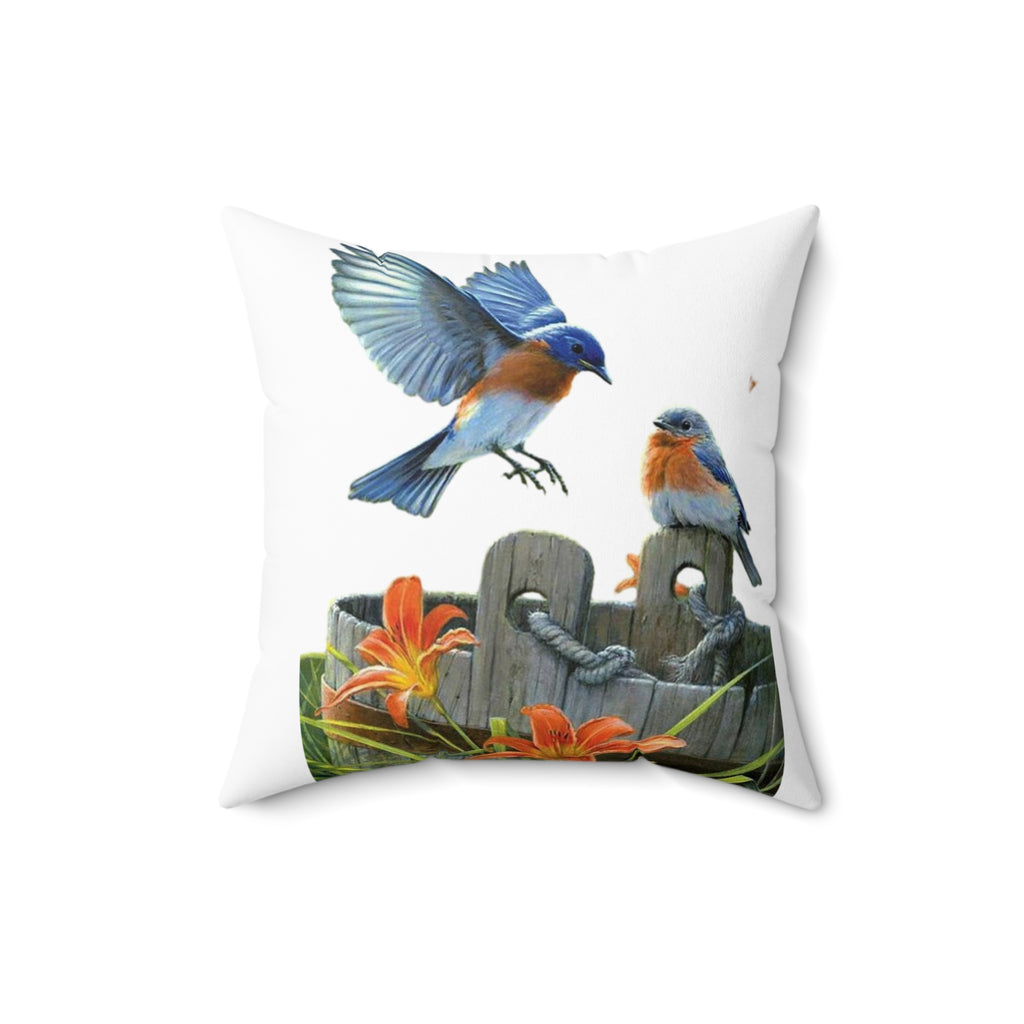Bluebird Decorative Pillow / Garden Birds & Orange Lily Floral Throw Pillow
