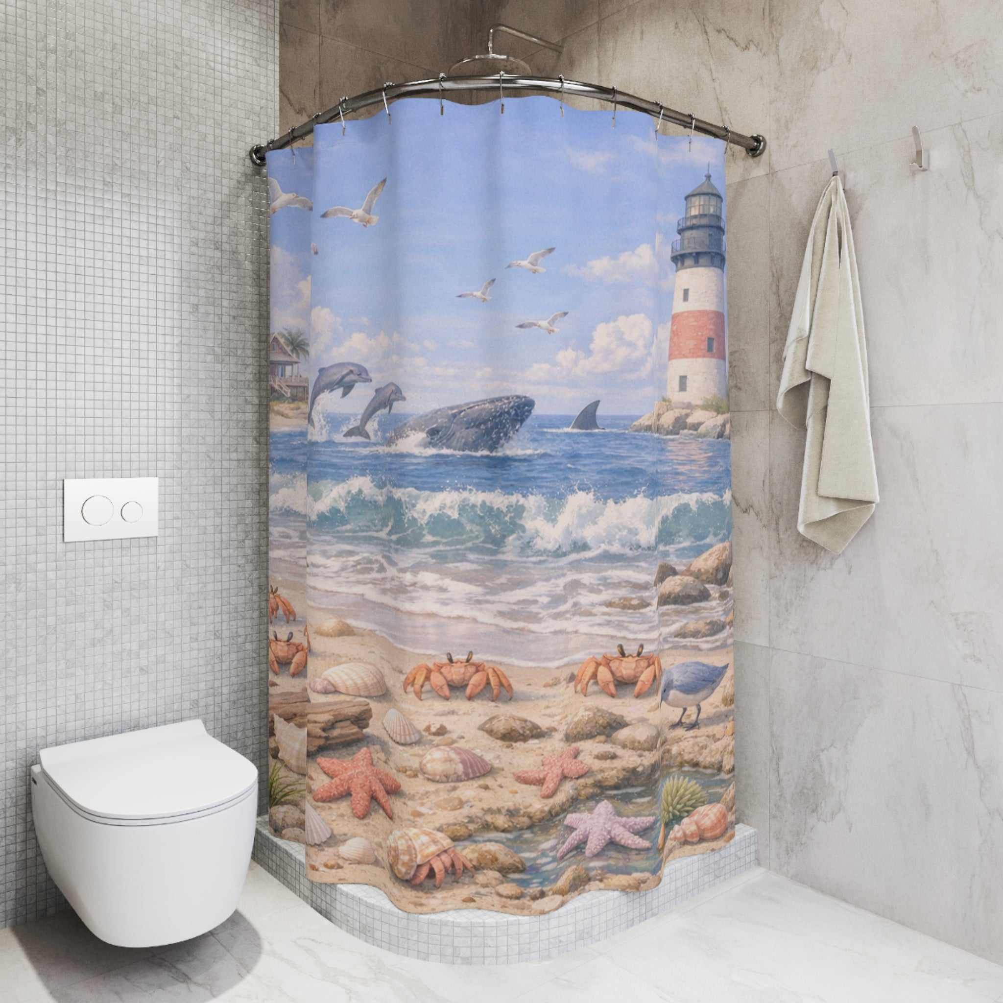 Coastal Lighthouse Beach Scene Shower Curtain | Dolphins, Seashells, Crabs