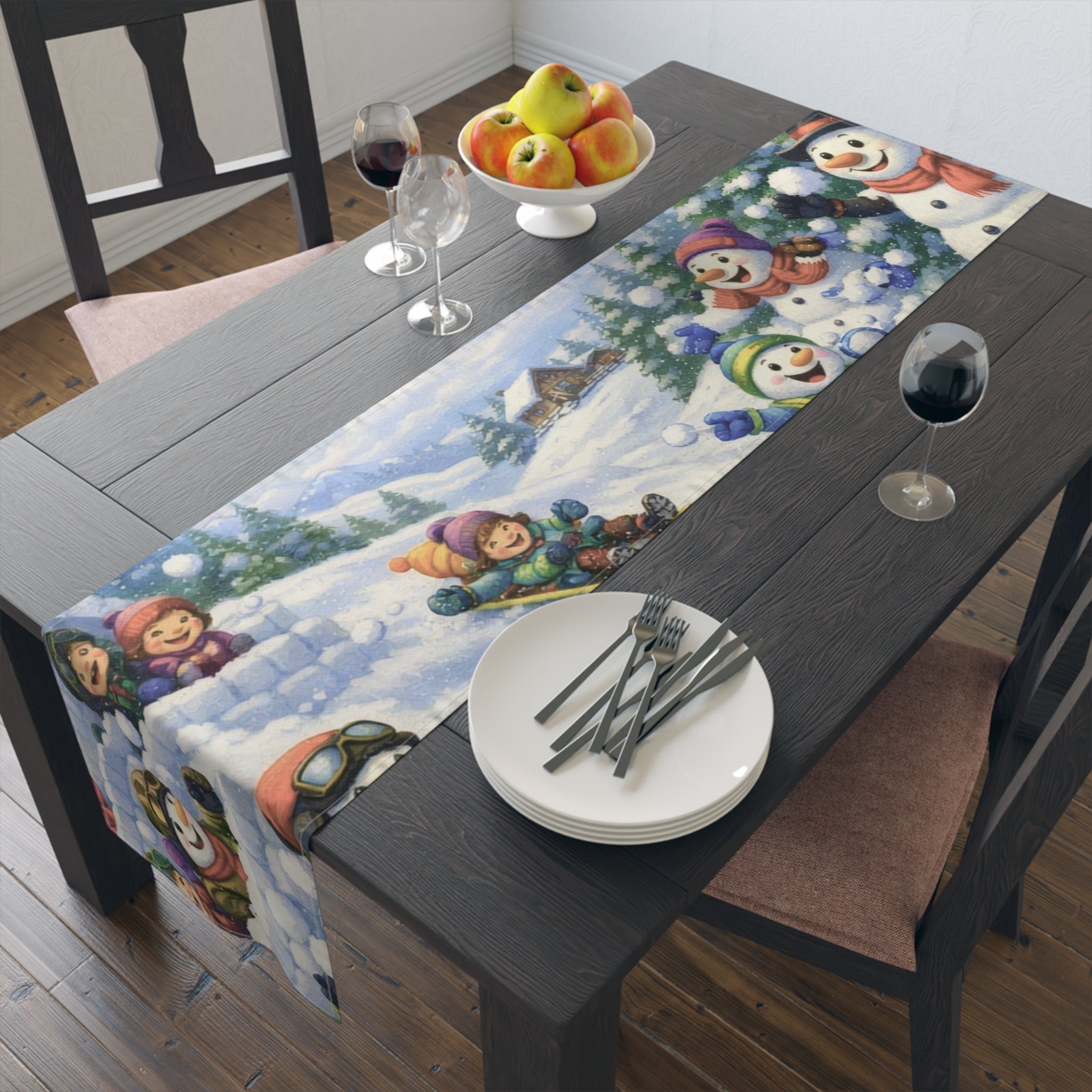 Snowman Winter Scene Table Runner | Holiday Snowball Fight