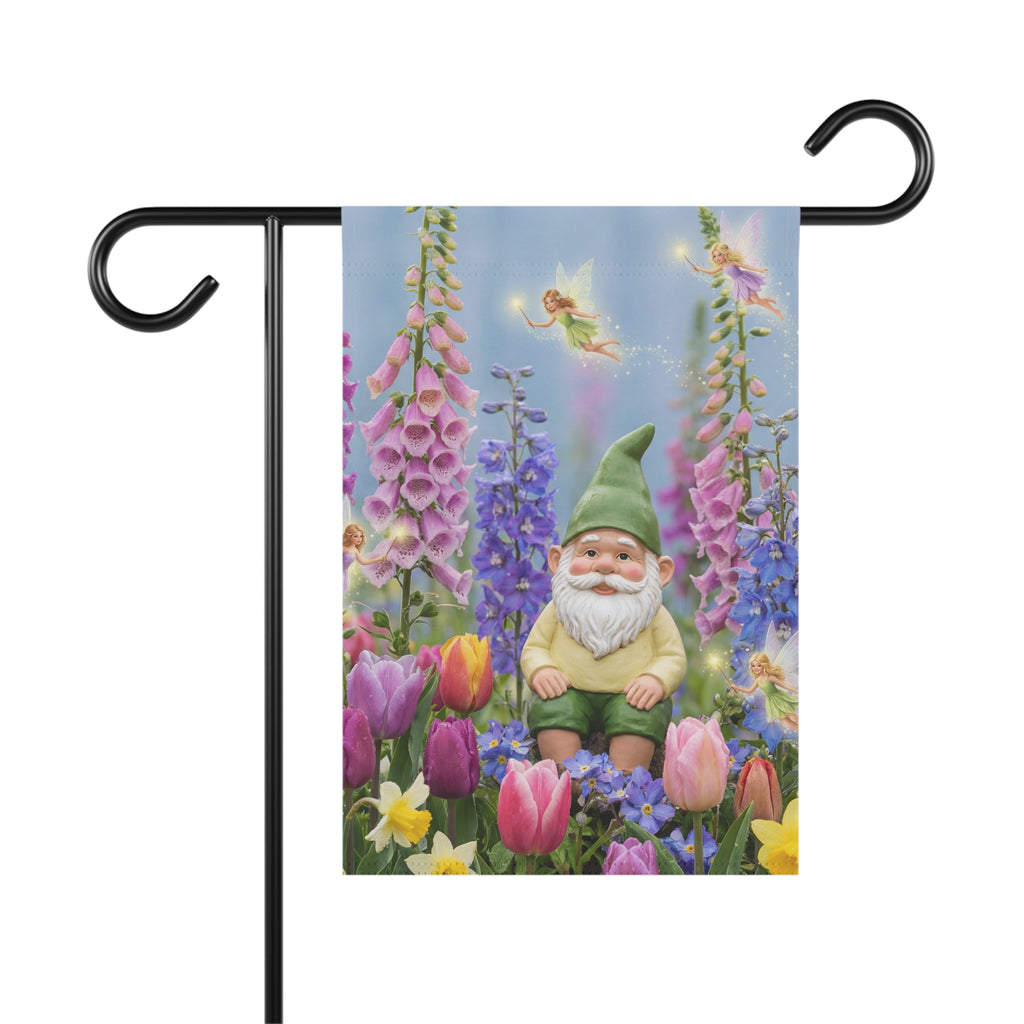 Gnome in Tulip Garden Banner | Garden Flag, Spring Floral Yard Decor