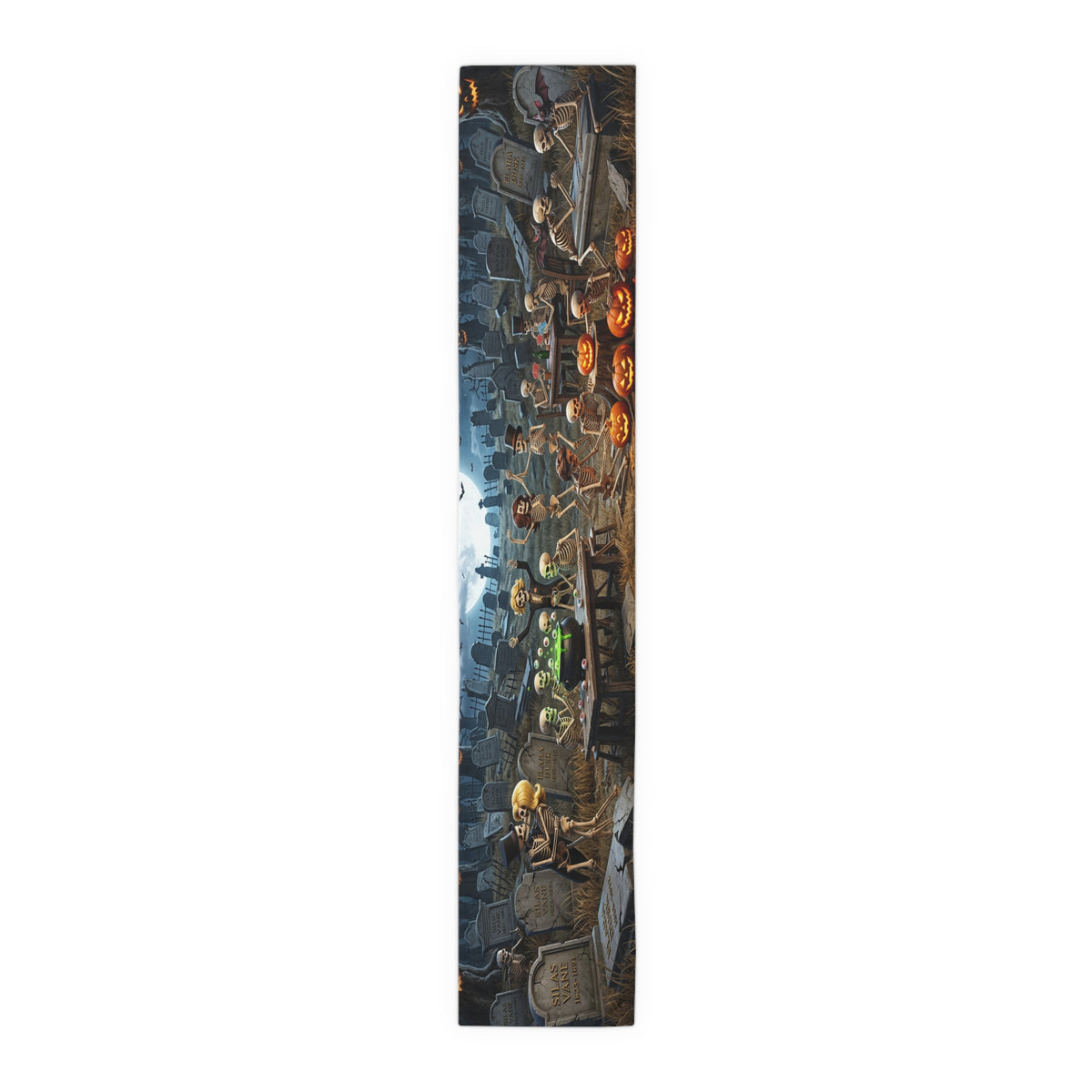Haunted Graveyard Table Runner | Moonlit Tombstones, Creeping Vines & Jack-O'-Lanterns