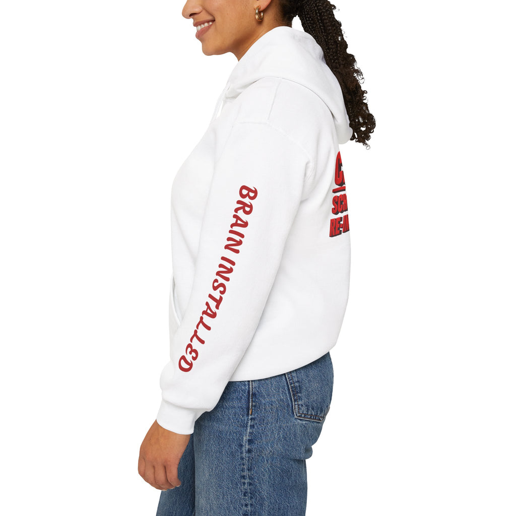 Hoodie — "CAUTION: Schools Starting, Re-Installing Brain" Back-to-School Graphic Hoodie