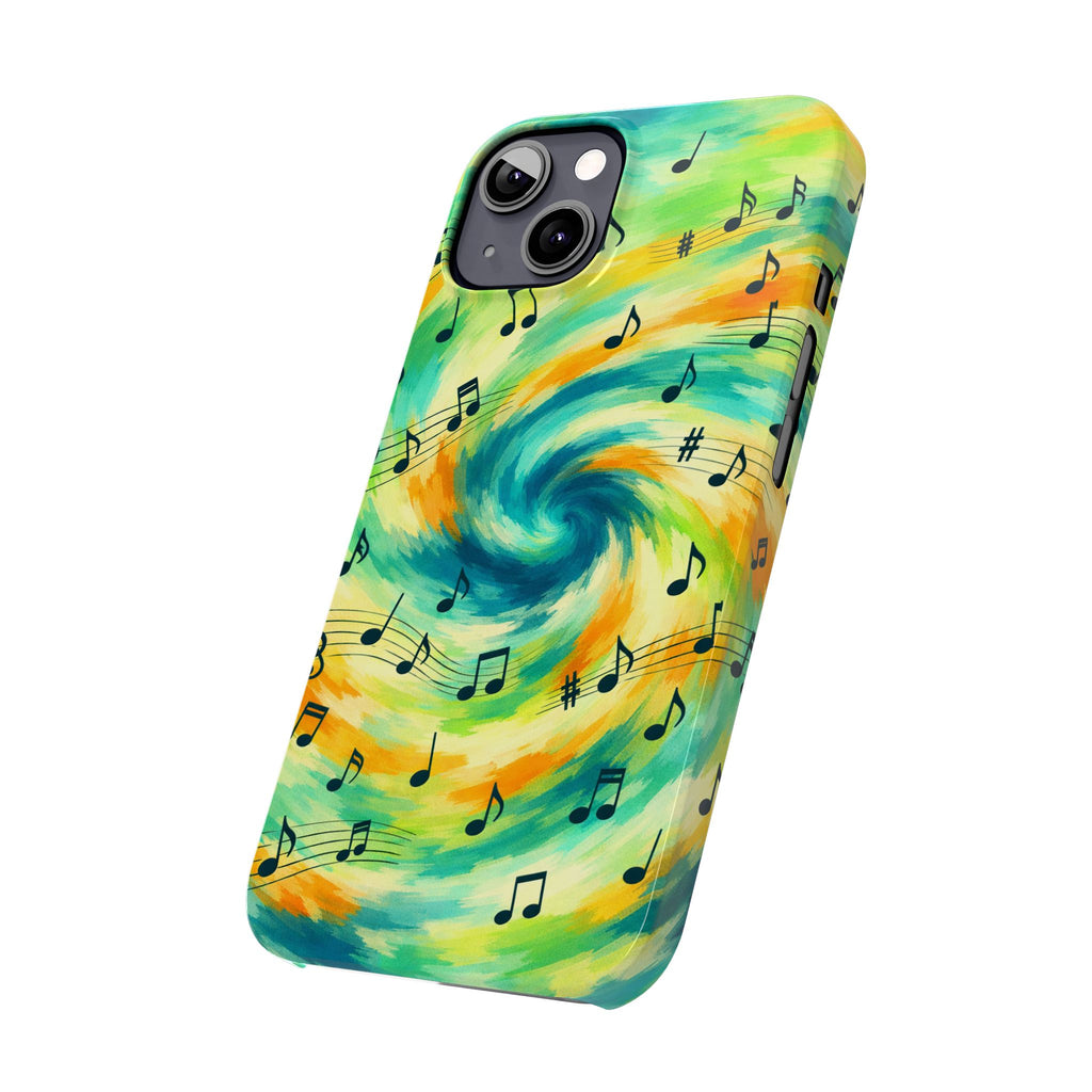Music Notes Swirl Slim Phone Case | Colorful Turquoise Yellow Galaxy