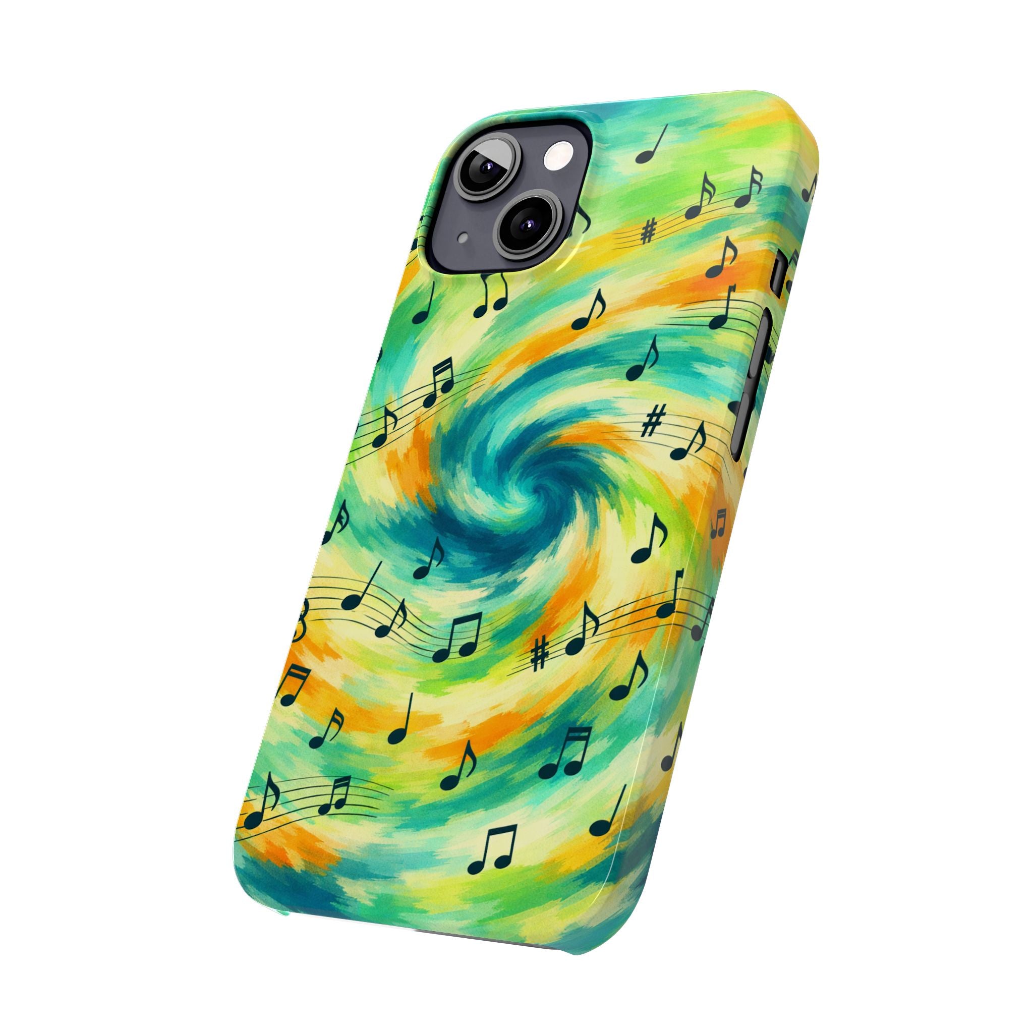 Music Notes Swirl Slim Phone Case | Colorful Turquoise Yellow Galaxy