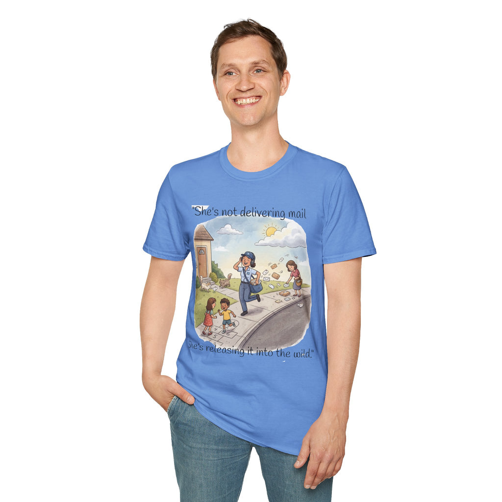 T‑Shirt – "She’s not delivering mail, she’s delivering a little wind" Cute Postal Worker Illustration Tee