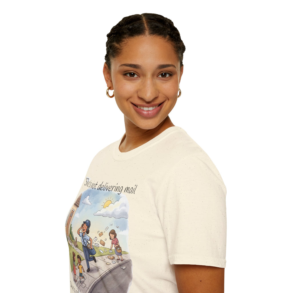 T‑Shirt – "She’s not delivering mail, she’s delivering a little wind" Cute Postal Worker Illustration Tee