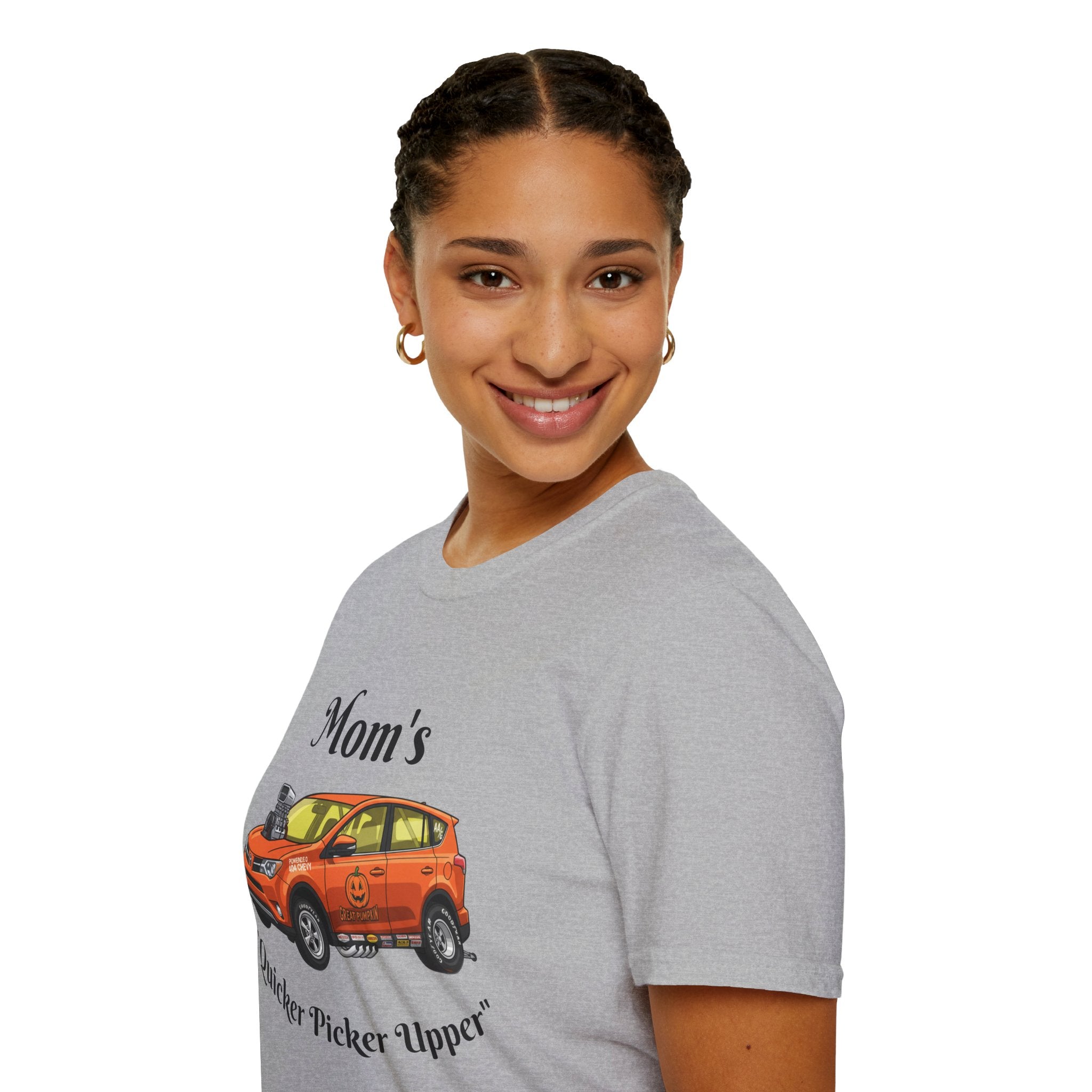 Car Enthusiast T-Shirt — Orange Hot Rod SUV Graphic with “Quicker Picker Upper”