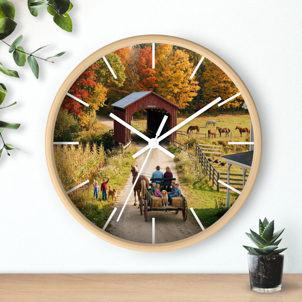 Autumn Covered Bridge Wall Clock / Country Wagon & Fall Scenery