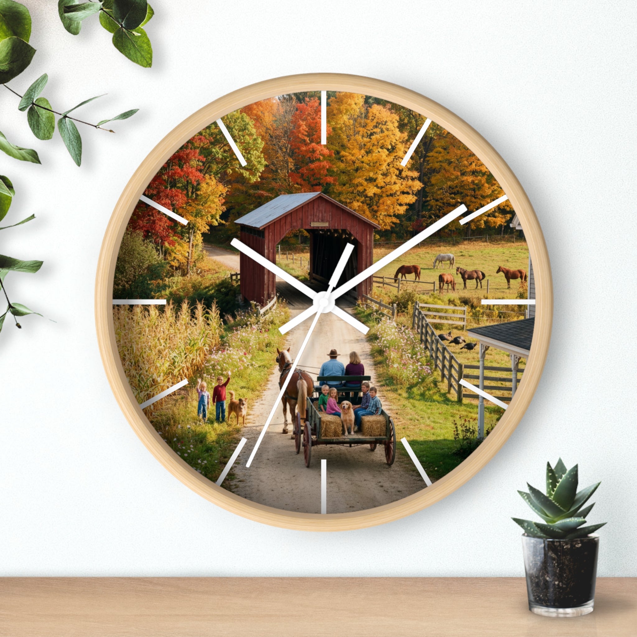 Autumn Covered Bridge Wall Clock / Country Wagon & Fall Scenery