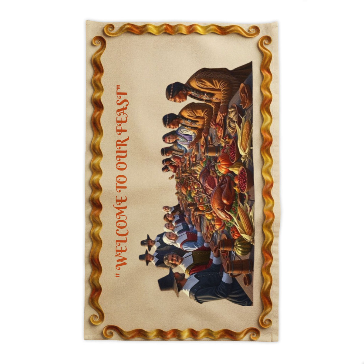 Pilgrim Feast Illustration Tablecloth | Thanksgiving Harvest Dinner Decor