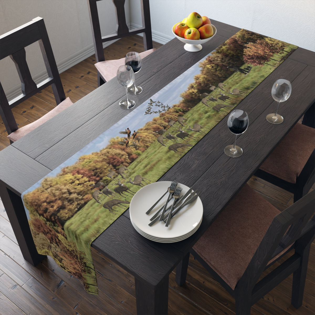 Fall Deer Table Runner | Autumn Wildlife Dining Decor (Cotton & Poly)