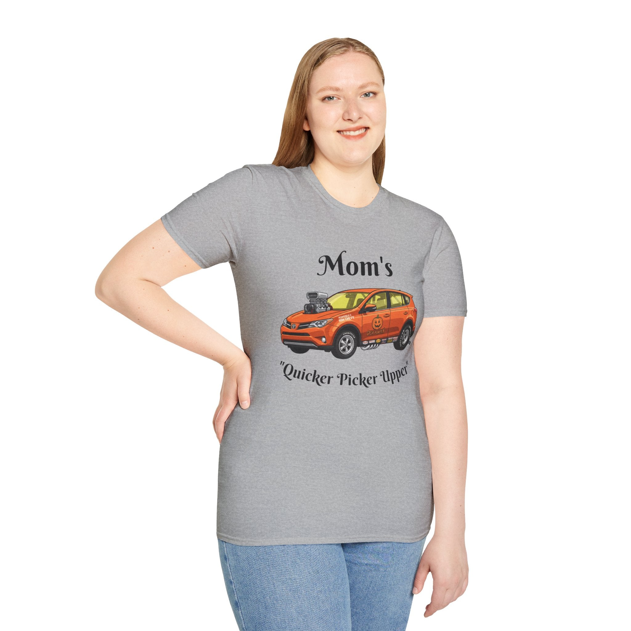 Car Enthusiast T-Shirt — Orange Hot Rod SUV Graphic with “Quicker Picker Upper”