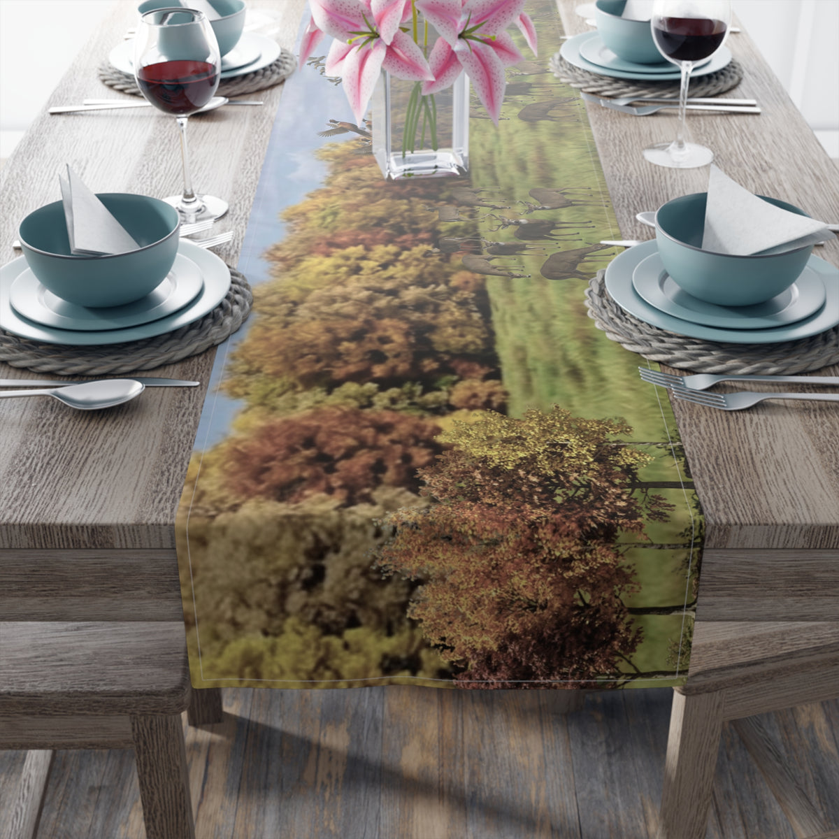 Fall Deer Table Runner | Autumn Wildlife Dining Decor (Cotton & Poly)