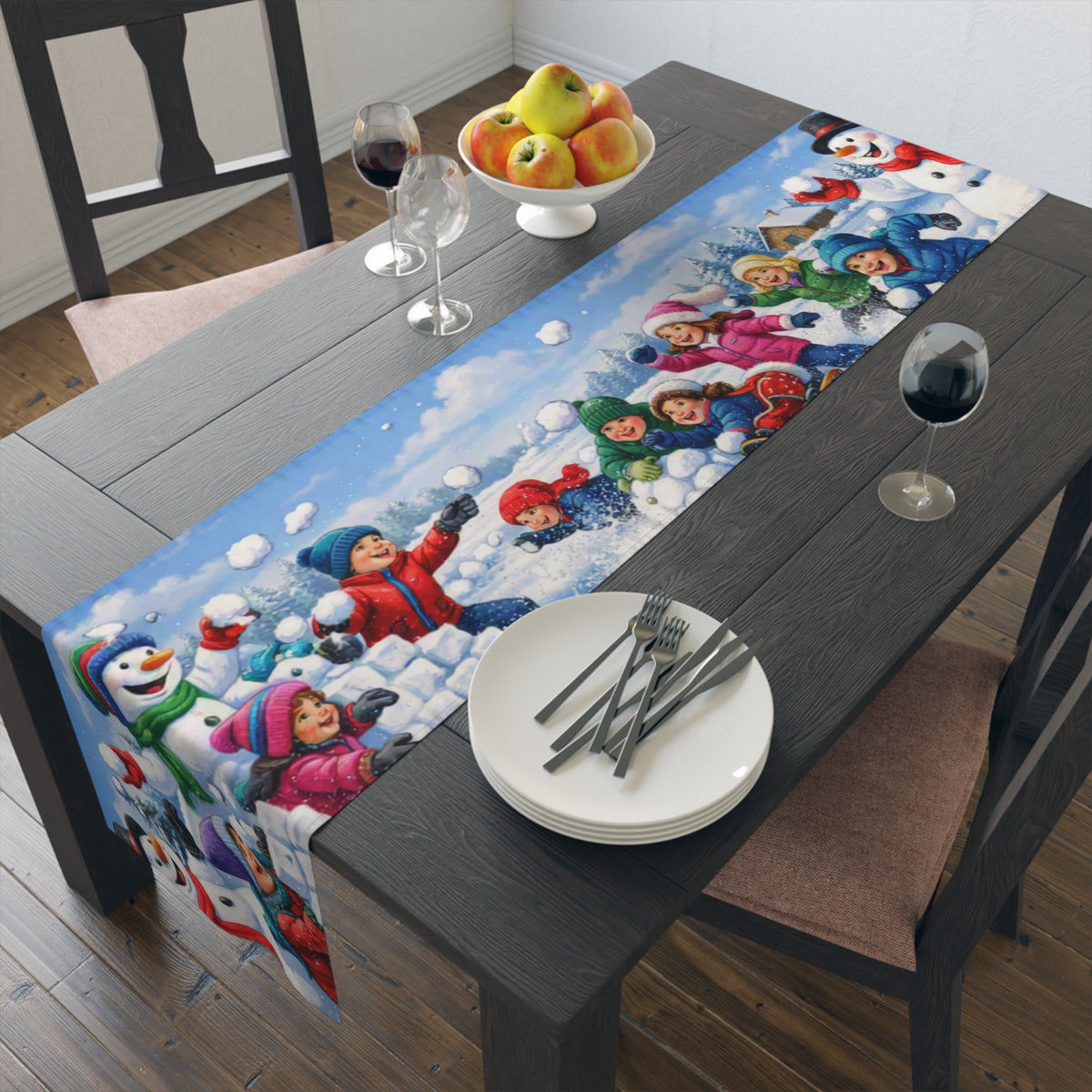 Snowball Fight Snowman Table Runner | Winter Christmas Table Decor