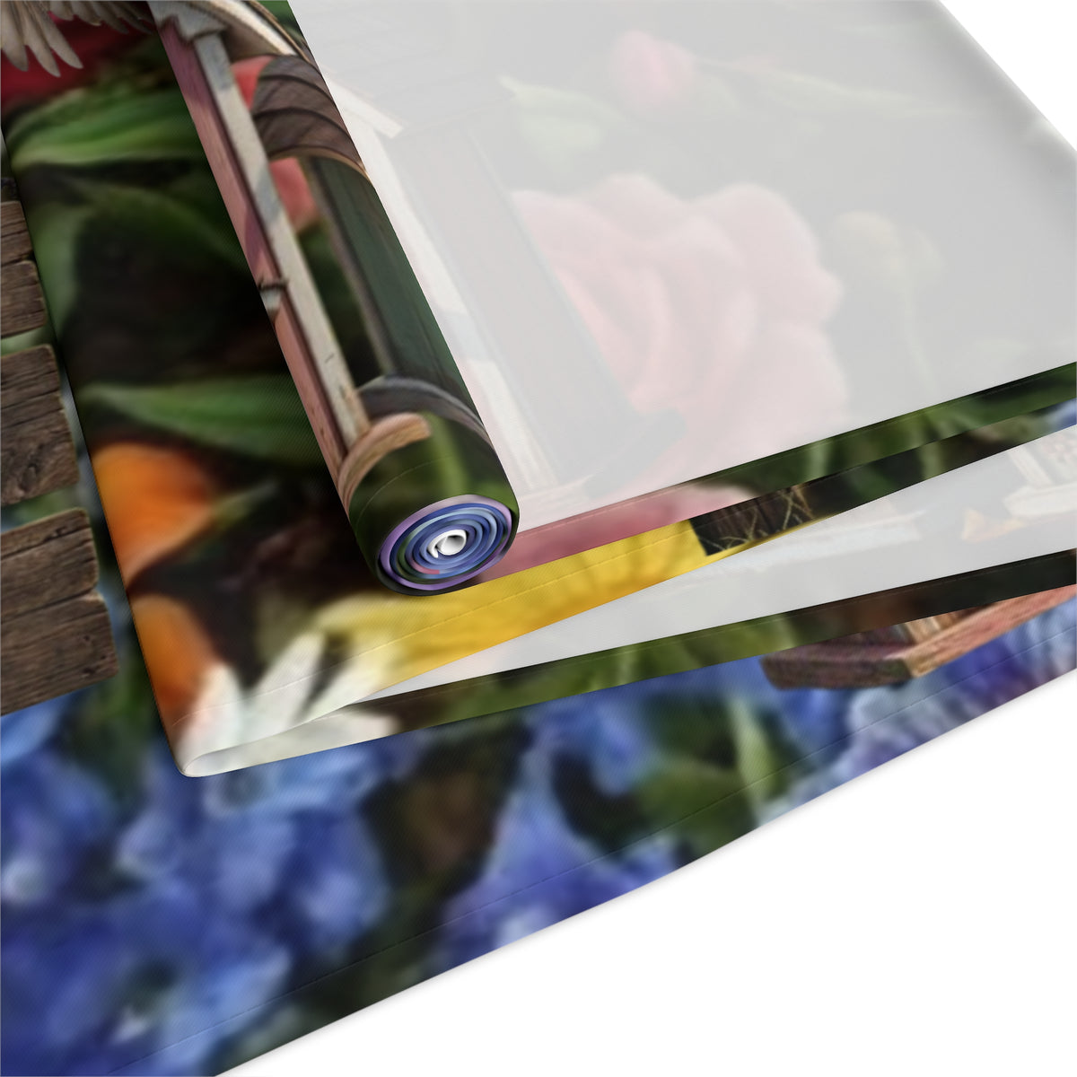 Floral Garden Birds Table Runner | Cottage Garden Birdhouse & Floral Decor