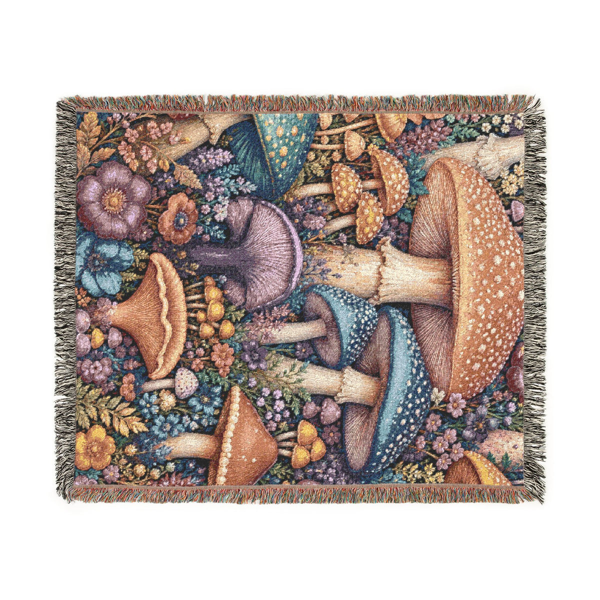 Mushroom Meadow Woven Blanket - Fungi Tapestry Throw