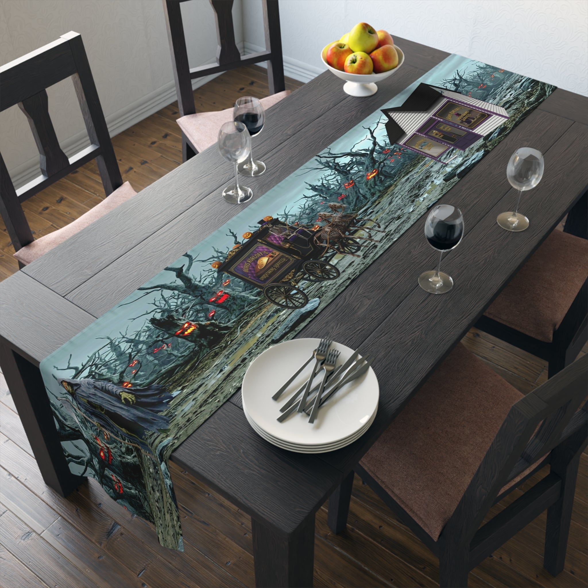 Haunted Hearse Carriage Table Runner | Halloween Spooky Graveyard Scene