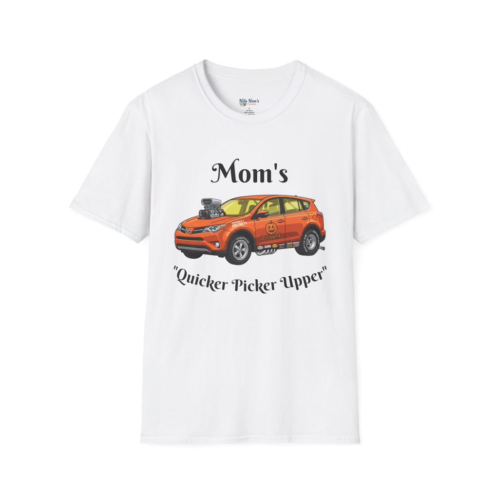 Car Enthusiast T-Shirt — Orange Hot Rod SUV Graphic with “Quicker Picker Upper”