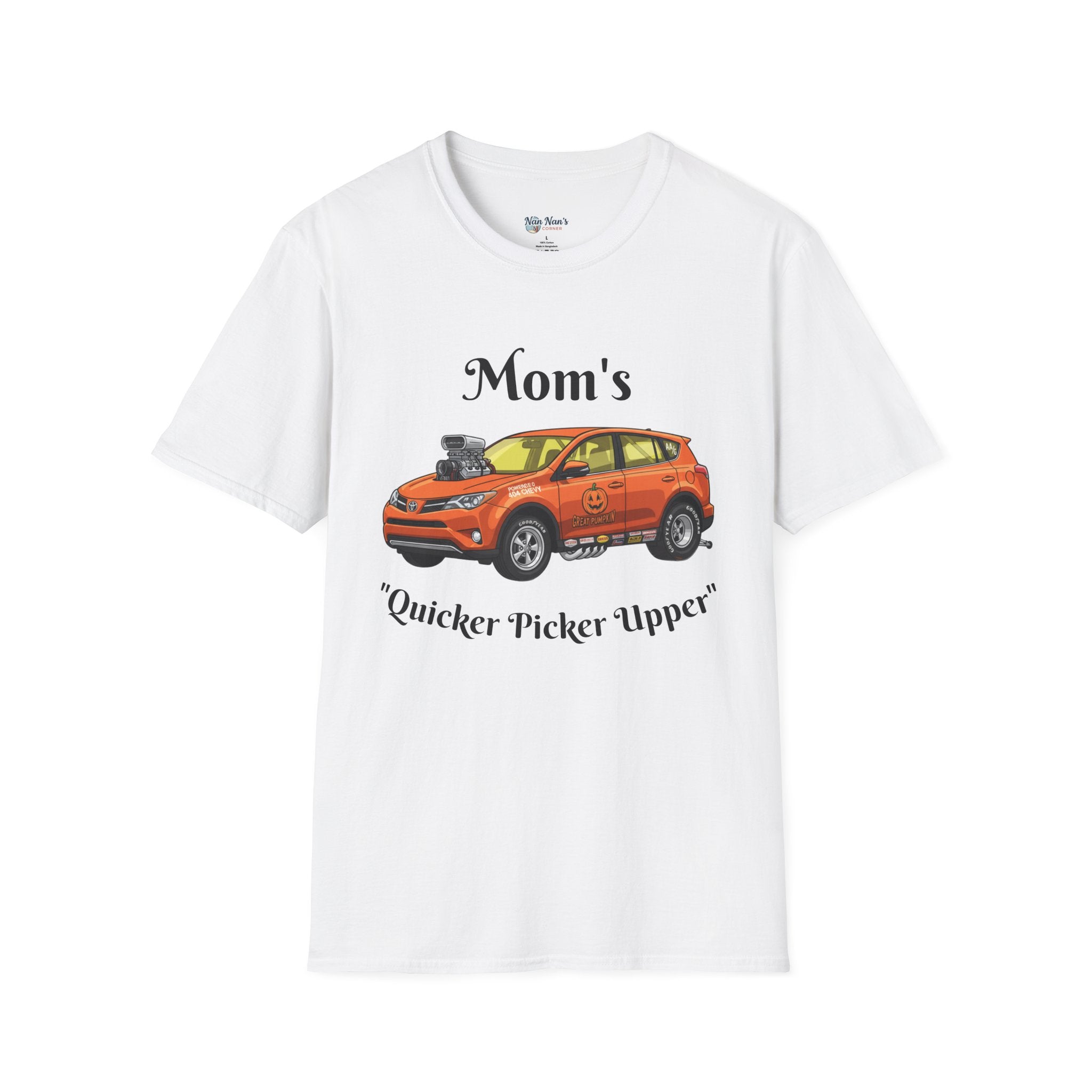 Car Enthusiast T-Shirt — Orange Hot Rod SUV Graphic with “Quicker Picker Upper”