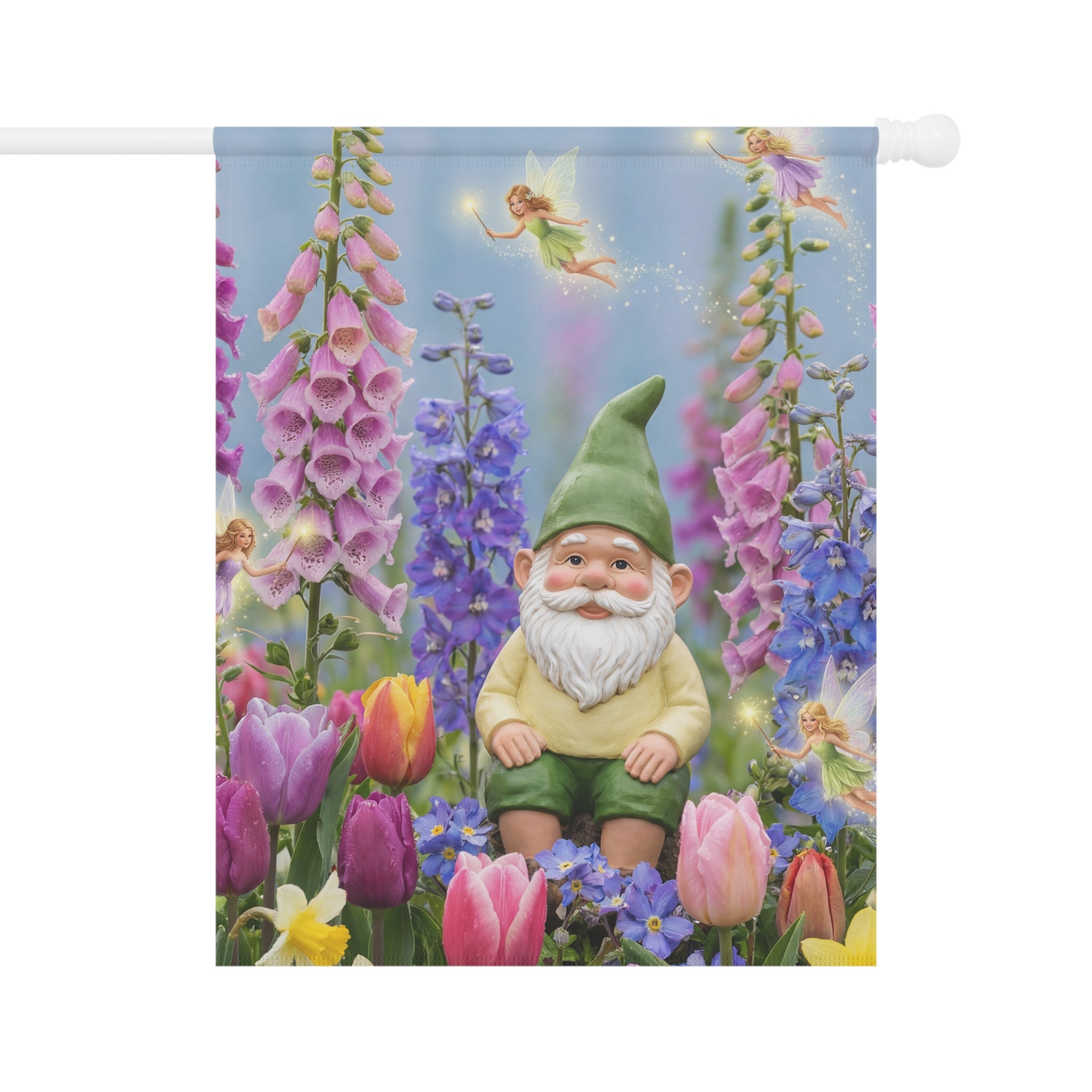 Gnome in Tulip Garden Banner | Garden Flag, Spring Floral Yard Decor
