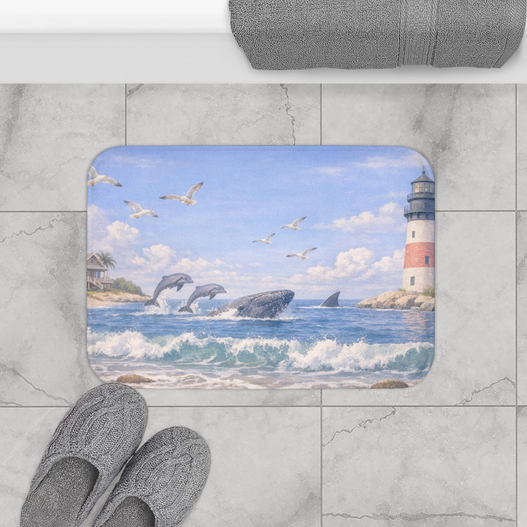 Lighthouse and Dolphins Bath Mat | Coastal Ocean Wave Scene