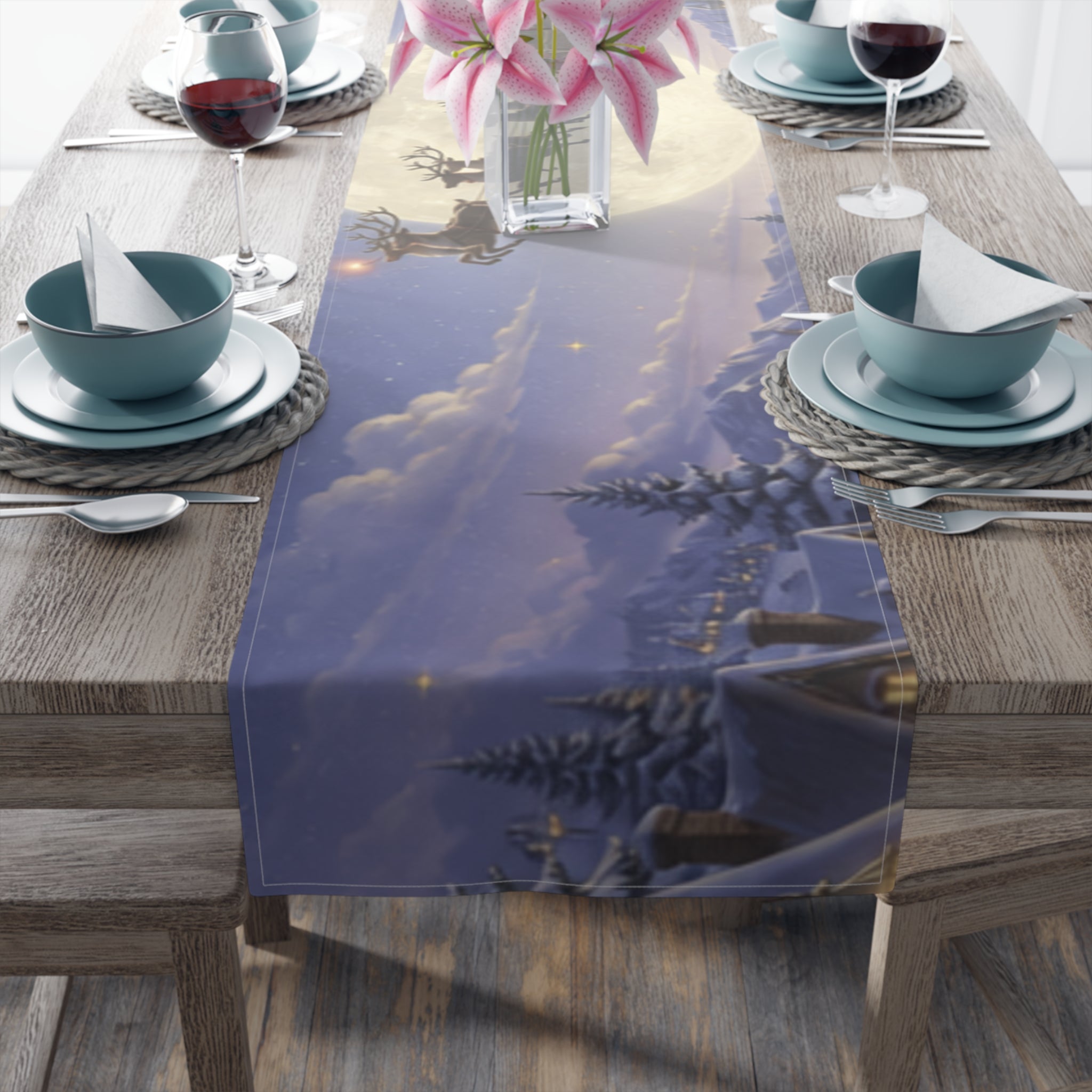 Santa and Reindeer Moonlit Scene Table Runner