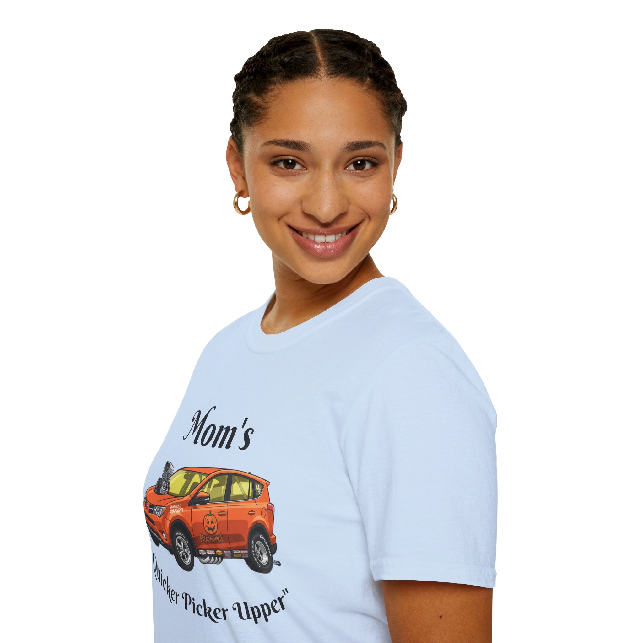 Car Enthusiast T-Shirt — Orange Hot Rod SUV Graphic with “Quicker Picker Upper”