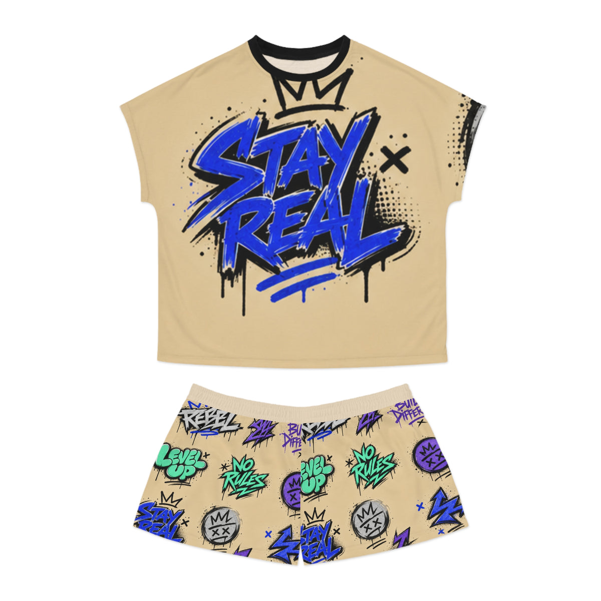 Stay Real Graffiti Print Pajama Set | Short Sleeve Top & Shorts