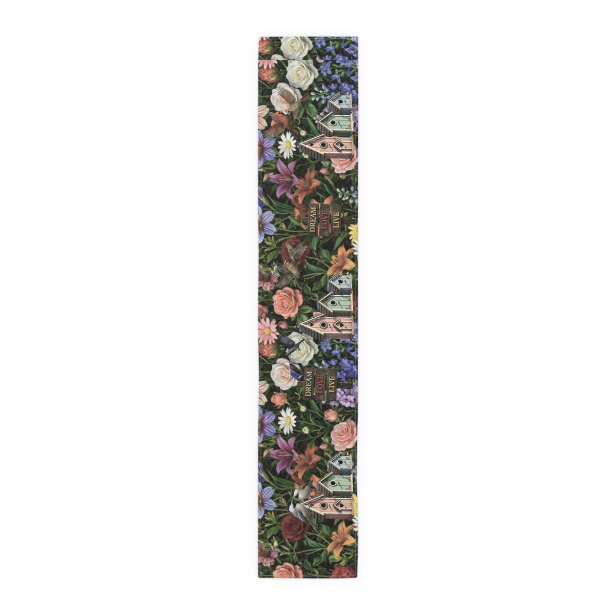 Floral Garden Birds Table Runner | Cottage Garden Birdhouse & Floral Decor