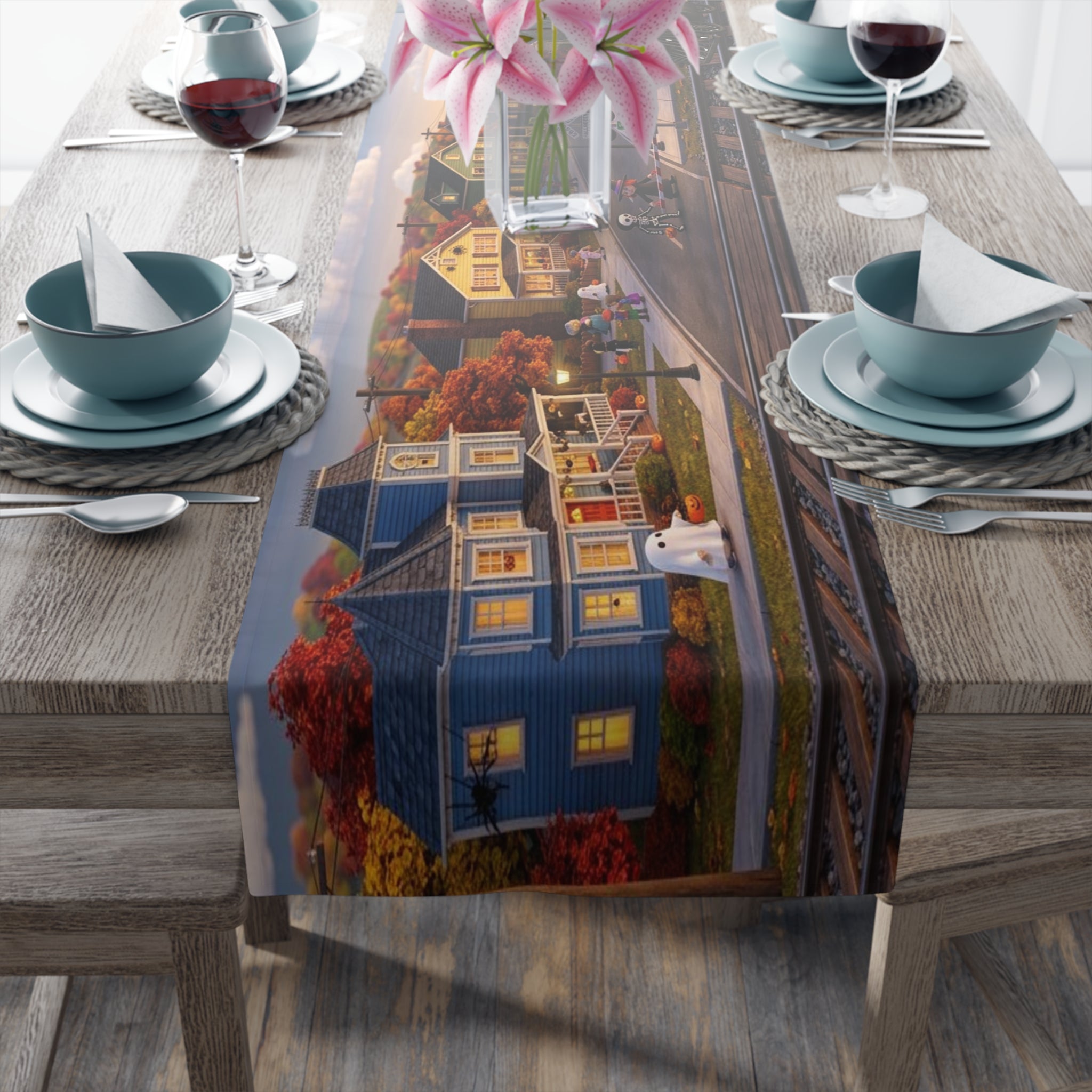 Vintage Steam Train Village Table Runner